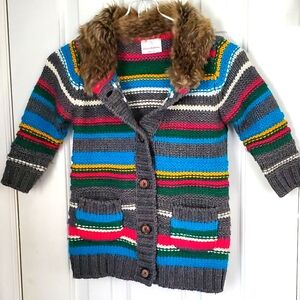 Hanna Anderson Colorful Striped Kids Cardigan with Faux Fur Collar Wool Blend. 4
